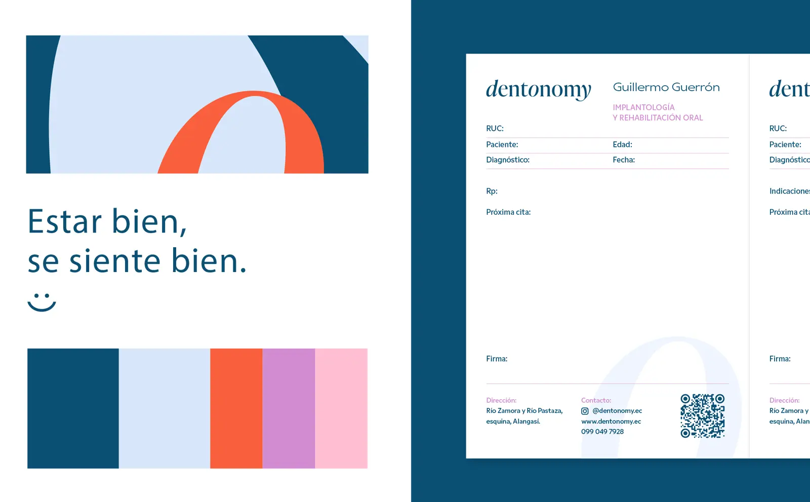 Papelería corporativa diseñada para el branding clínico de Dentonomy